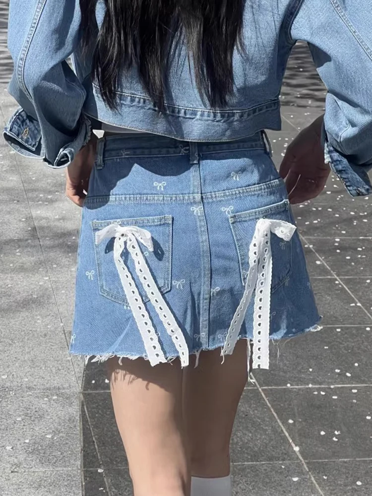 Wedbleser Korean Chic Summer Retro Design Lace Strap Bow Versatile Hairy Denim Half Skirt Short Skirt Women