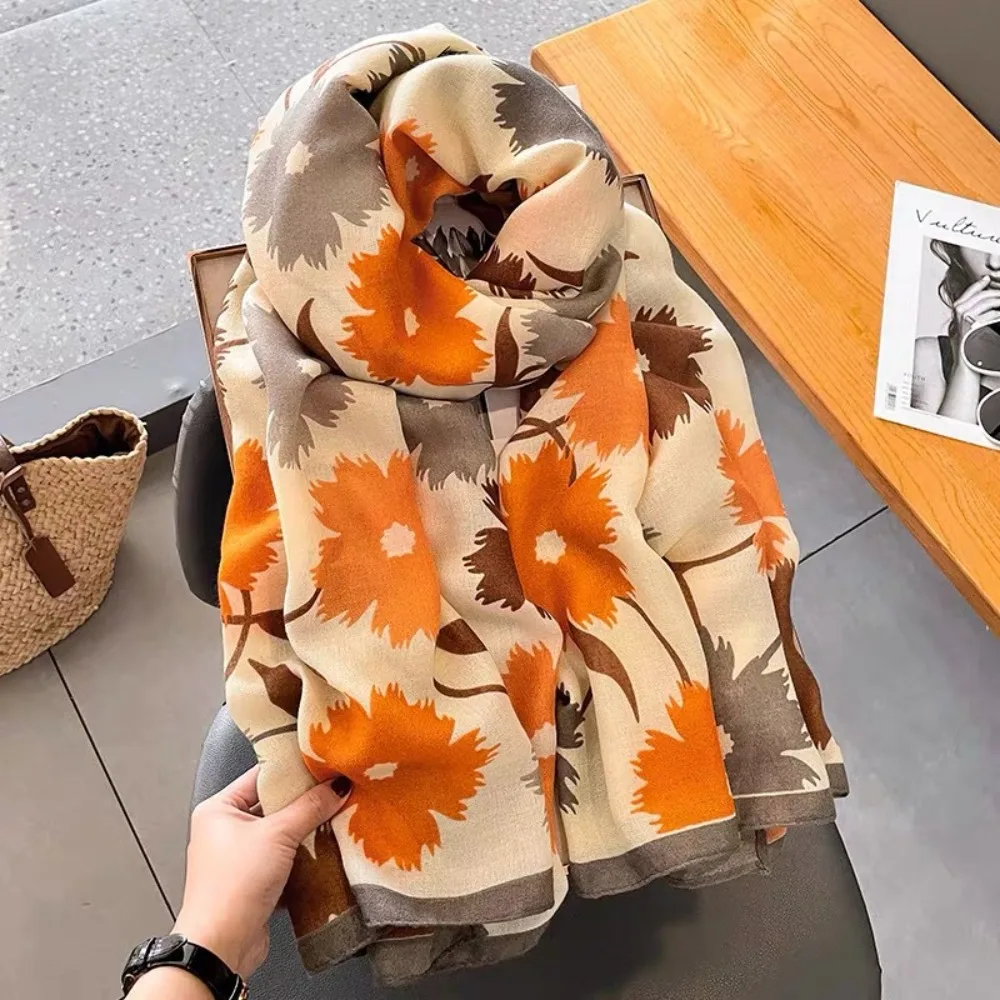 Koreanischen Stil Floral Schal Schals Elegante Baumwolle Leinen Luxus Seide Schal Sonnenschutz Blume Gedruckt Schal Wrap Vier Jahreszeiten