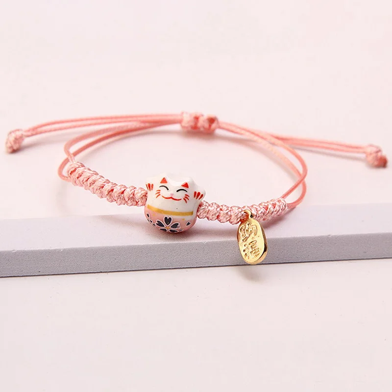 Hand-woven Simple Cute Ceramic Lucky Cat Bracelet for Women Men Classic Black Rope Braided Adjustable Bracelet Couple Jewelry