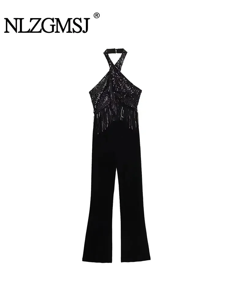 

Nlzgmsj TRAF 2024 Black Sequin Jumpsuit Women Velvet Halter Backless Long Jumpsuits Woman Elegant Party Jumpsuit For Women