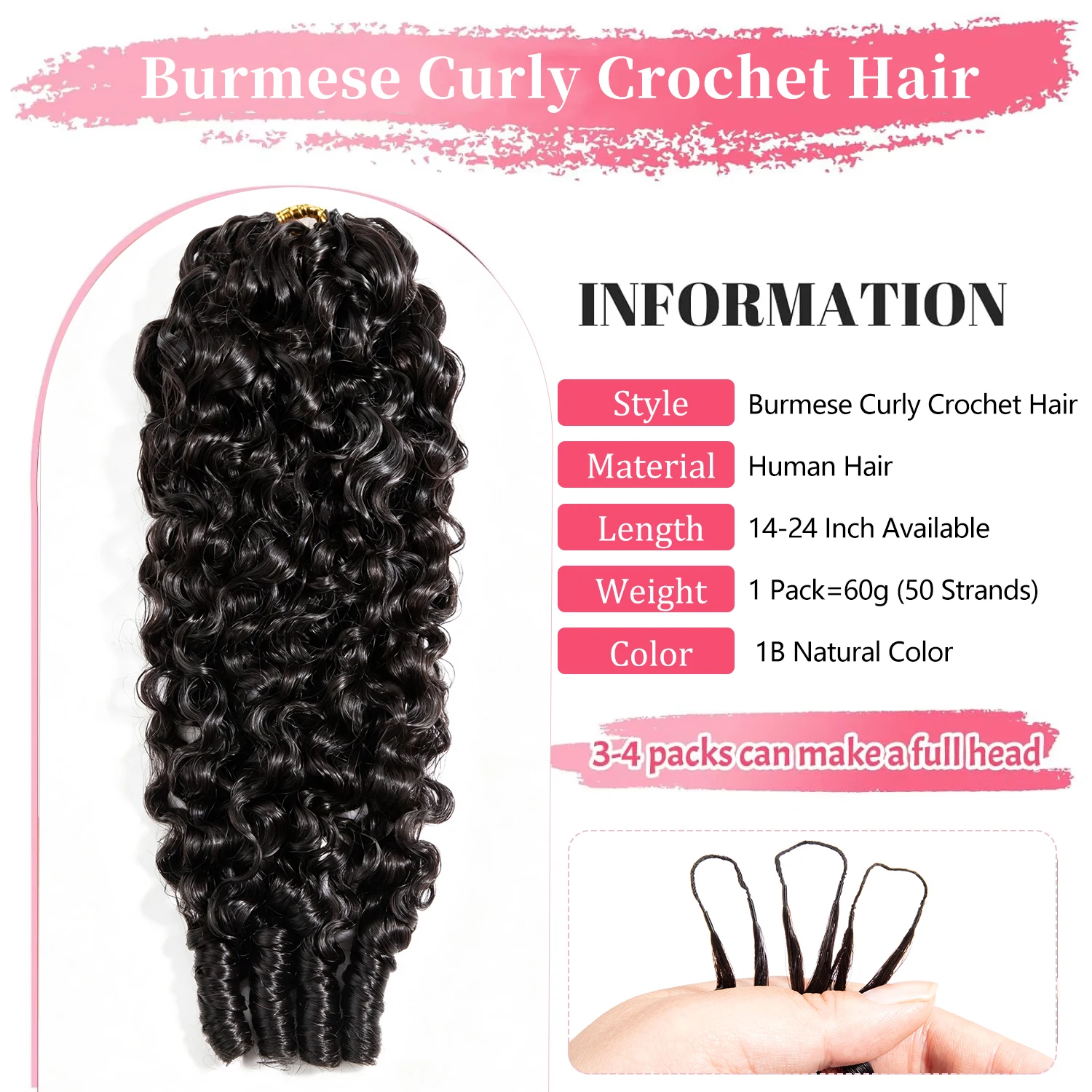 Burmese Curly Crochet Human Hair 60g 50 Strands Invisible Natural Black Color 4 Feather Crochet Human Hair  Chocolate Brown P4/27 Highlight Burmese Curly Human #27 Crochet Hair Pre-Separated miracle knots Hair for Women 3C 4A Texture Human Hair Extension