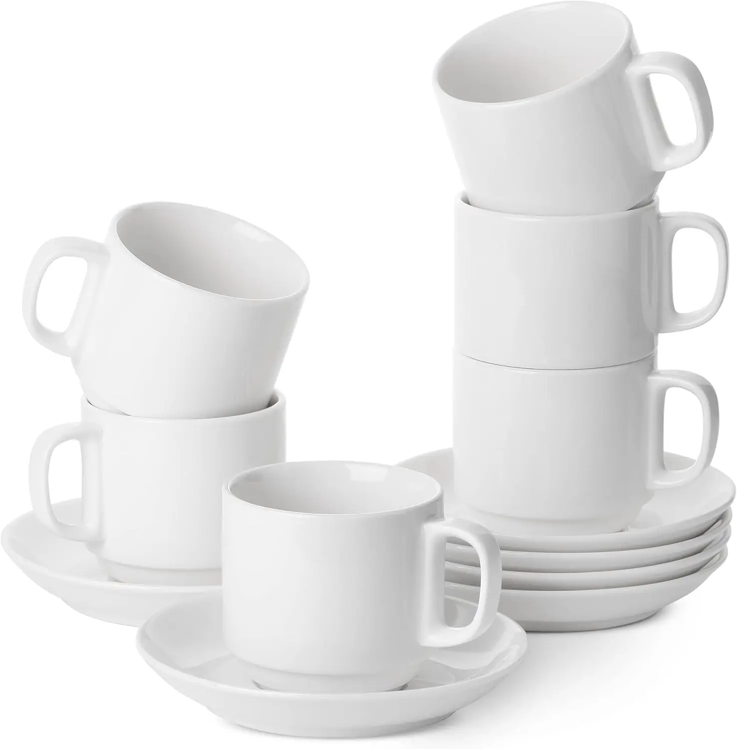 

BTaT- Stackable Tea Cups and Saucers, White, Set of 6 (8 oz), Cappuccino Cups, British Coffee Cups, Porcelain Tea Set, Christmas