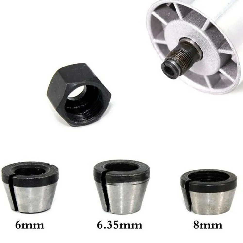 1pc Collet Chuck Adapter With Nut Carbon Steel  6mm 6.35mm 8mm For Engraving Machine Wood Router Woodworking Tool Wood Router