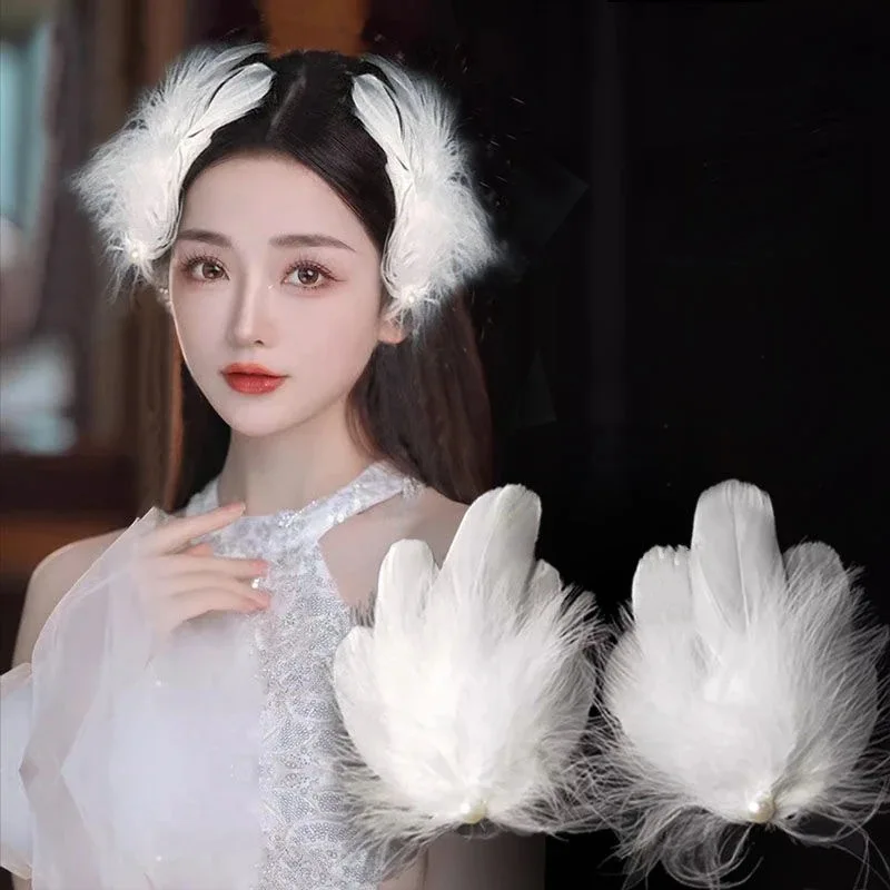 1Pair White Swan Feather Hairpin Headwear Ballet Style Stage Performance Side Clip Girl Party Faux Pearl Accessories Hair Clips