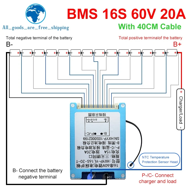 

TZT BMS 16S 60V 20A Lmo Ternary Li-ion Lithium 18650 Battery Charge Protection Board With Heat Sink With Temperature Control