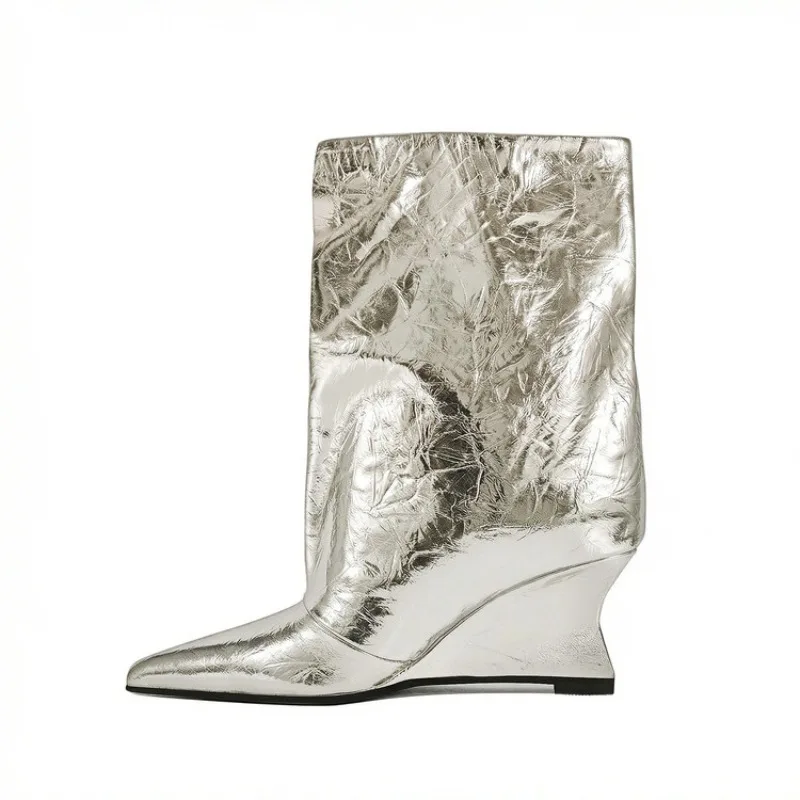 

New Silver Gold Grip Pattern Straight Tube Mid-calf Boots European American Comfortable Commuting Shopping Women's Boots 35-45