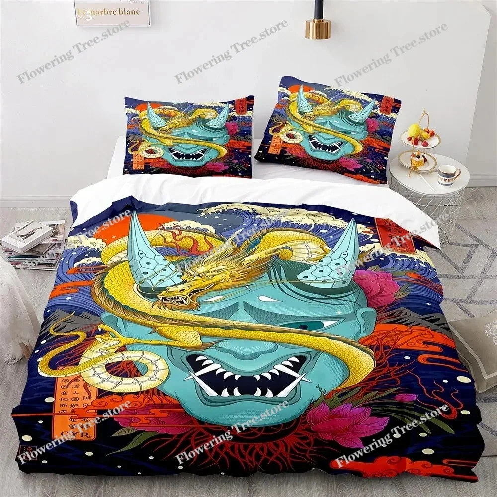 Japanese-Style Bedding Set Ukiyo-e Theme Comforter Cover Sea Wave Red Sun Pattern Decor Duvet Cover for Kids Teen King Full Size 4