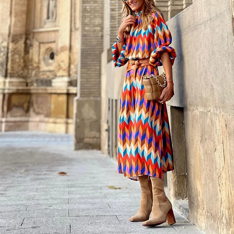 Long Party Dress Summer Fashion Women Geometric Prints Stand Neck Full Sleeves Charming Lady Mid-Calf Length Sundress