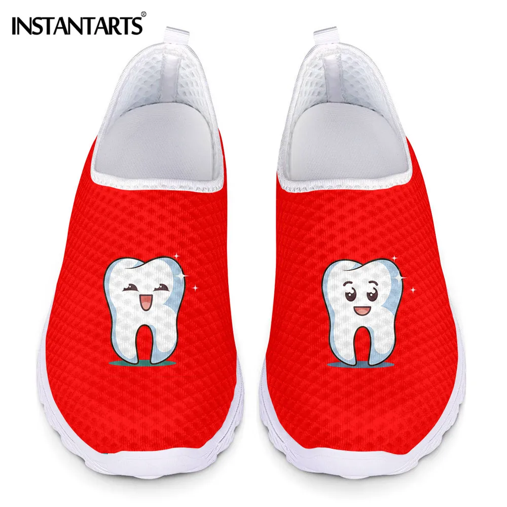 Lovely Cartoon Tooth Pattern Women Flat Shoes Breathable Mesh Slip On Sneaker For Laides Summer Beach Shoe Loafers