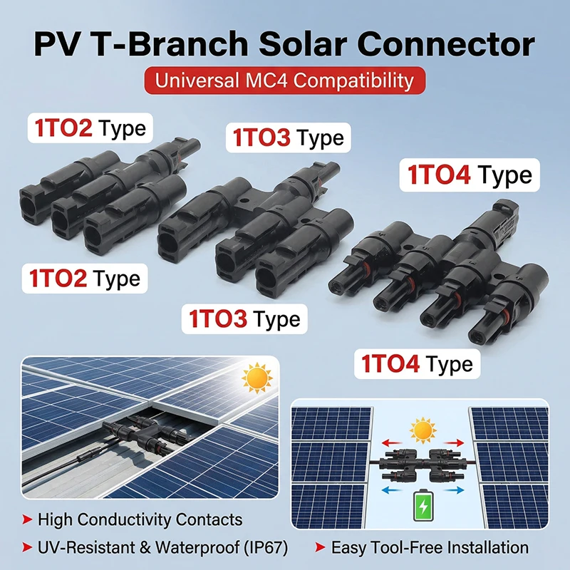 

5 комплектов Т-образных солнечных разъемов PV (от 1 до 2/3/4/5/6 портов) – фотоэлектрические штекеры и гнезда для параллельного подключения панелей и модулей аккумуляторов
