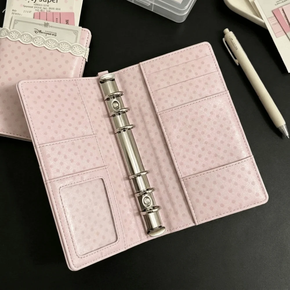 Planner Set PU Cover A6 Loose Leaf Notebook Pink Clip-on Diary Book 45 Sheets Polka Dot Album Stationery Student