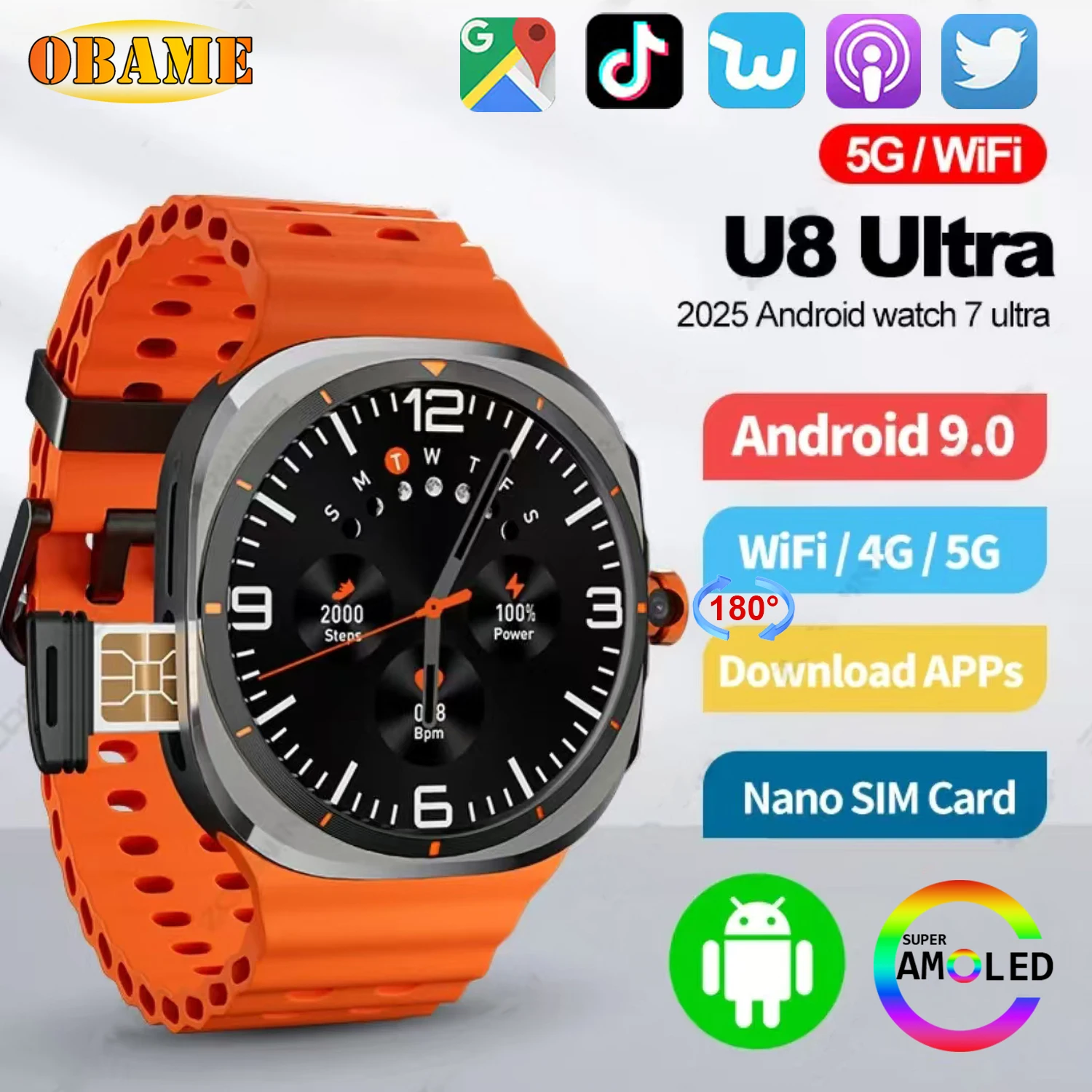 4G Smart Watch 8 Ultra GPS Compass NFC WIFI Function Sport Watch 32GB Memory AMOLED HD Screen BT Call Heart Rate 2025 New Watch