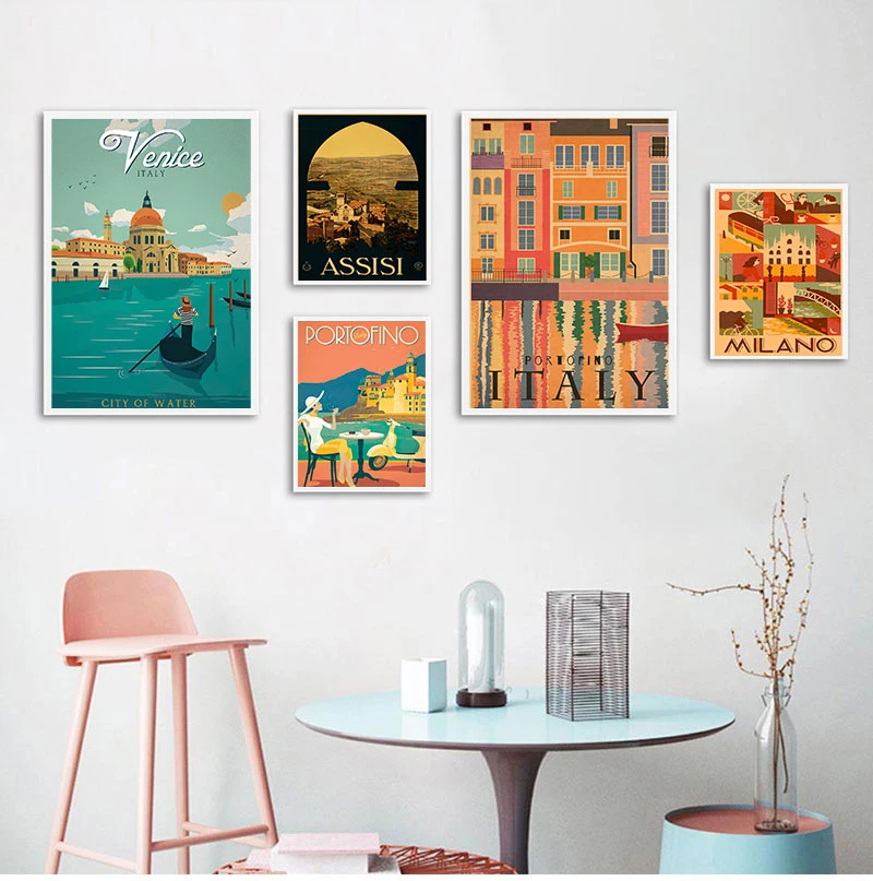 Retro Travel to Italy Roma Canvas Painting Vintage Wall Pictures Kraft Posters Coated Wall Stickers Home Decoration Gift