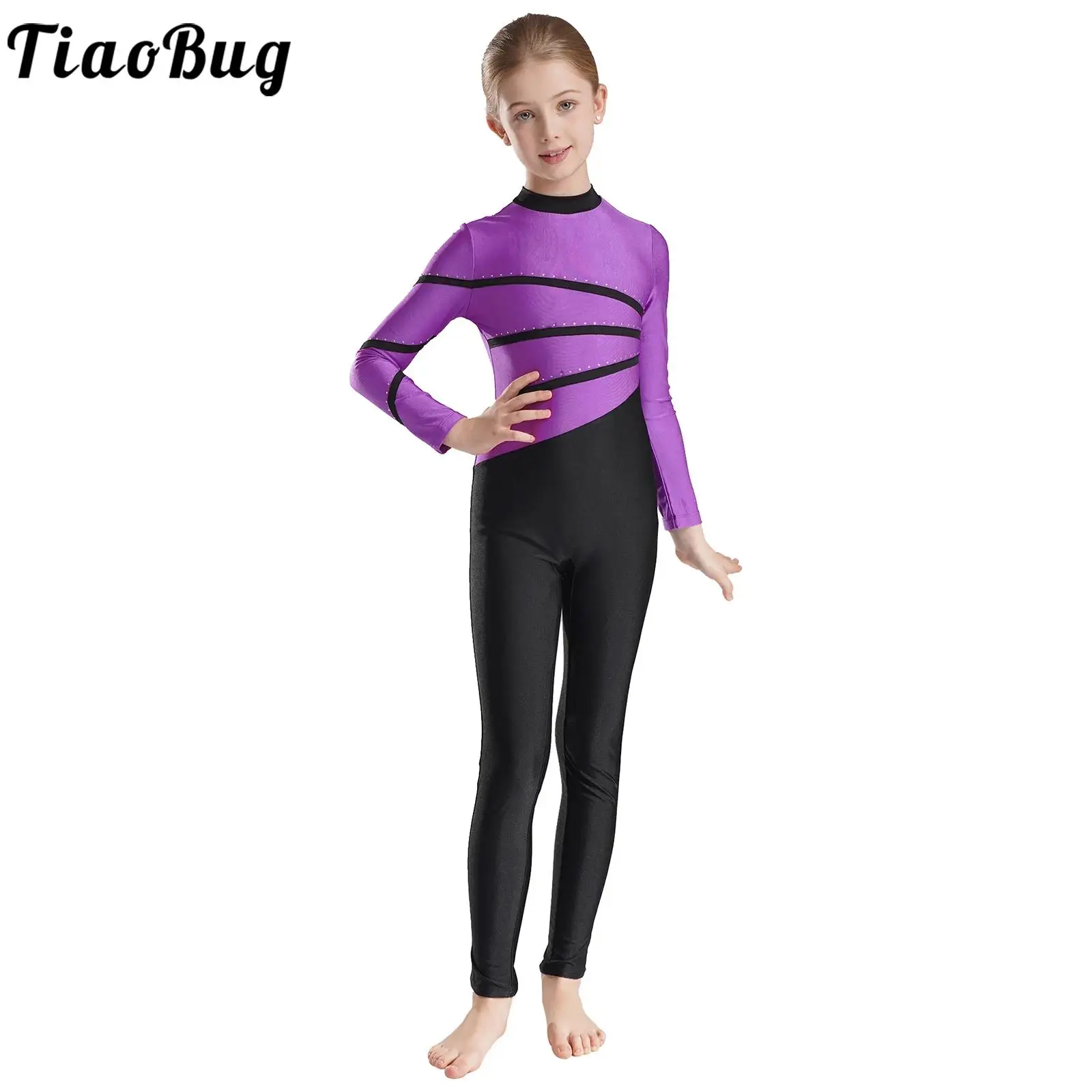 Kinder Mädchen Kontrast farbe in voller Länge Tanz overall Mock Neck Langarm Bodysuit für Gymnastik Bühne Performance-Wettbewerb