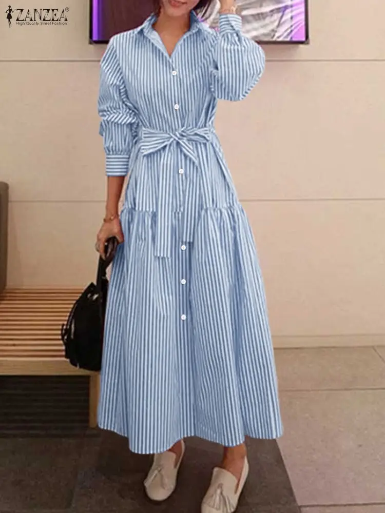 Zanzea escritório vestidos femininos 2025 outono elegante lapela pescoço manga longa camisa vestido casual listra trabalho vestidos botões para baixo robe