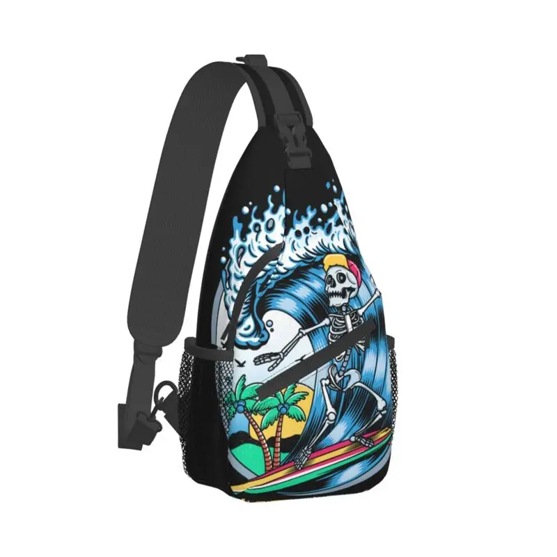 Bolsa de peito crossbody masculina, mochila casual de ombro, surfista, caveira, surf, caminhada, verão