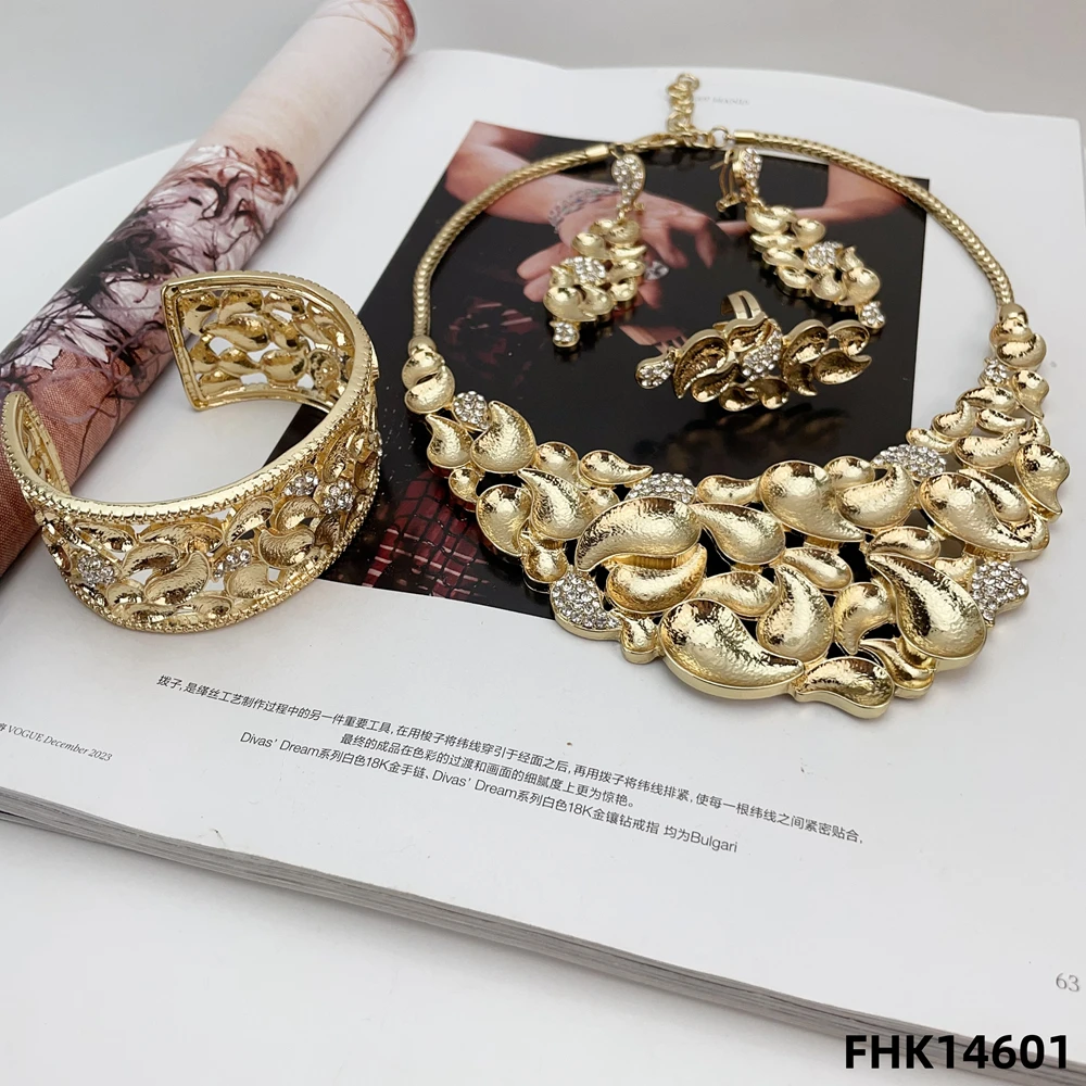 

Нигерия, оригинальный комплект ювелирных изделий из 18-каратного золота, женское большое смелое ожерелье, серьги, браслет, кольцо, аксессуар для свадебной вечеринки FHK14601