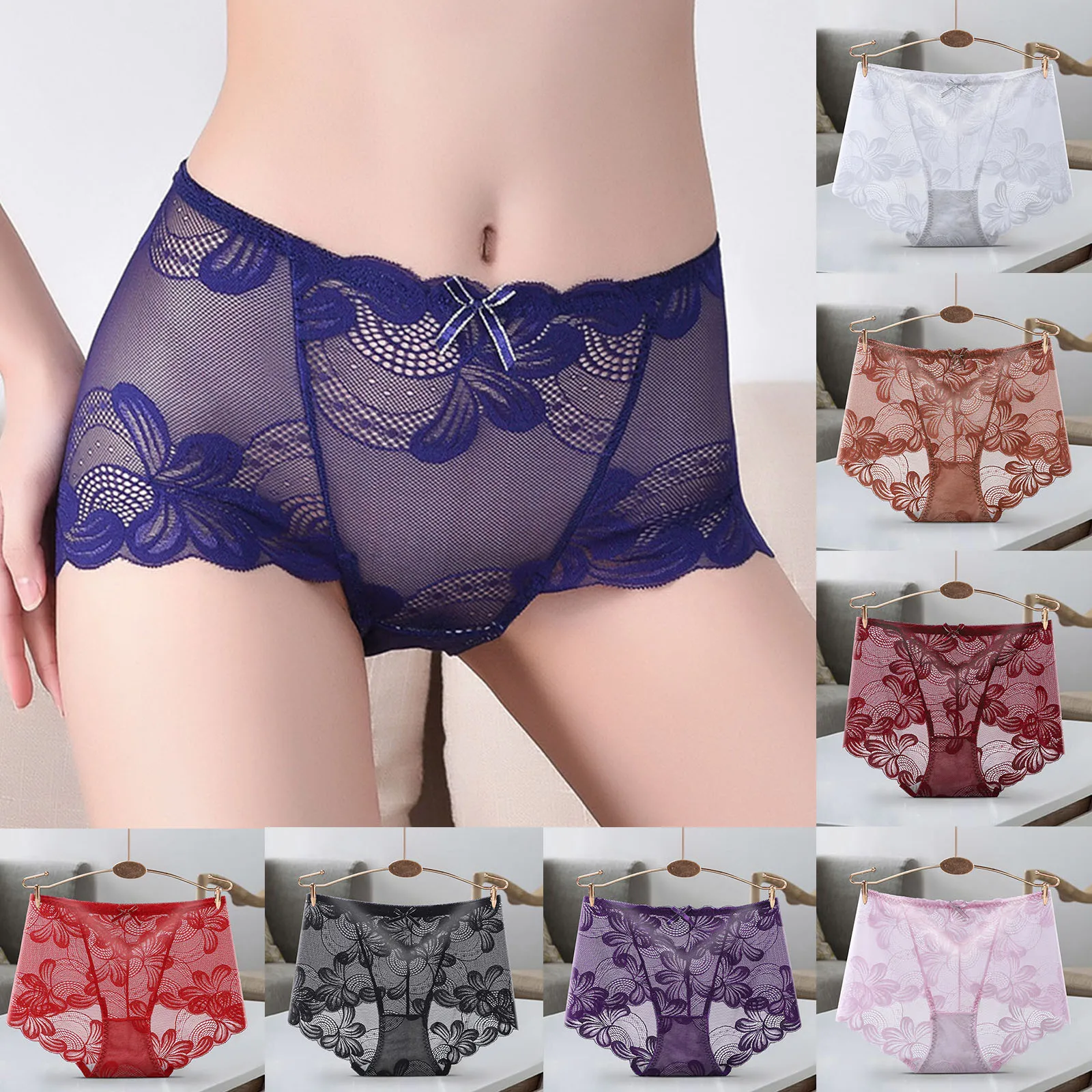 Women Sexy Lace Panties Breathable Hollow Out Floral Transparent Underpants Bowknot Mid Waist Hip Lift Mesh Underwear Intimates