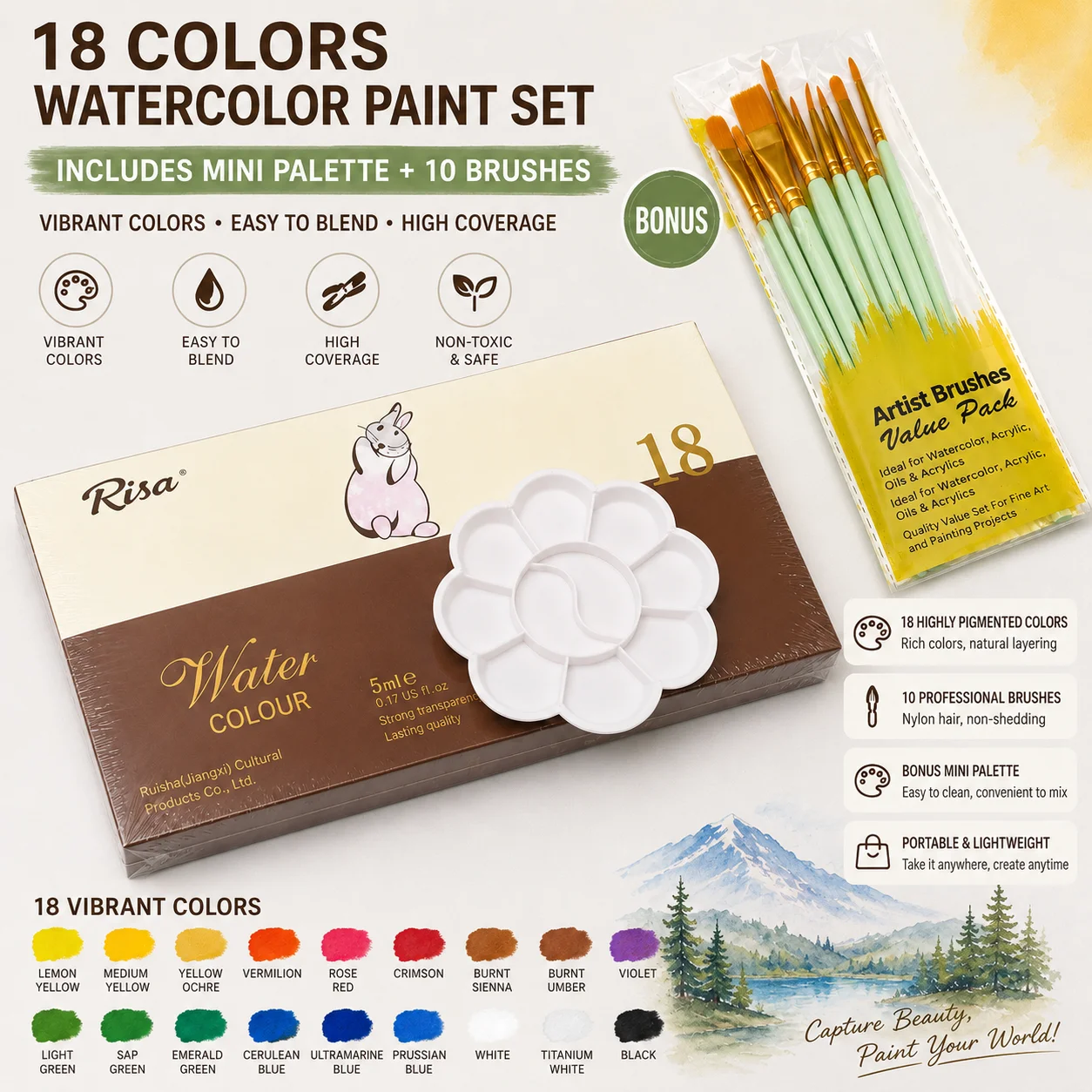 Portable Watercolor Paint Set with Mini Mixing Palette & Watercolor Brushes, Vivid Water Color Pigment Kit for Beginner Students