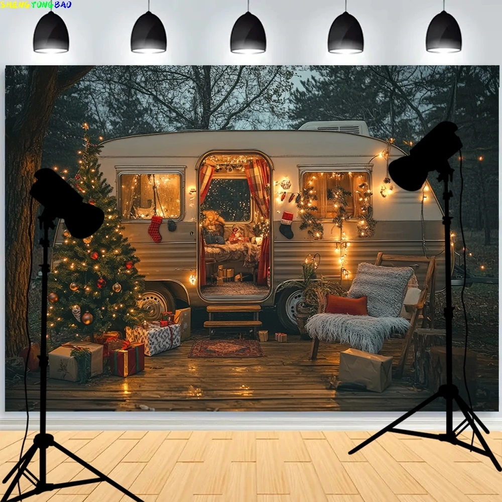 

Camping Christmas Scene Cozy Retro Photo Studio Background Fireplace Xmas day New Year Holiday Photography Backdrops Props DC-20
