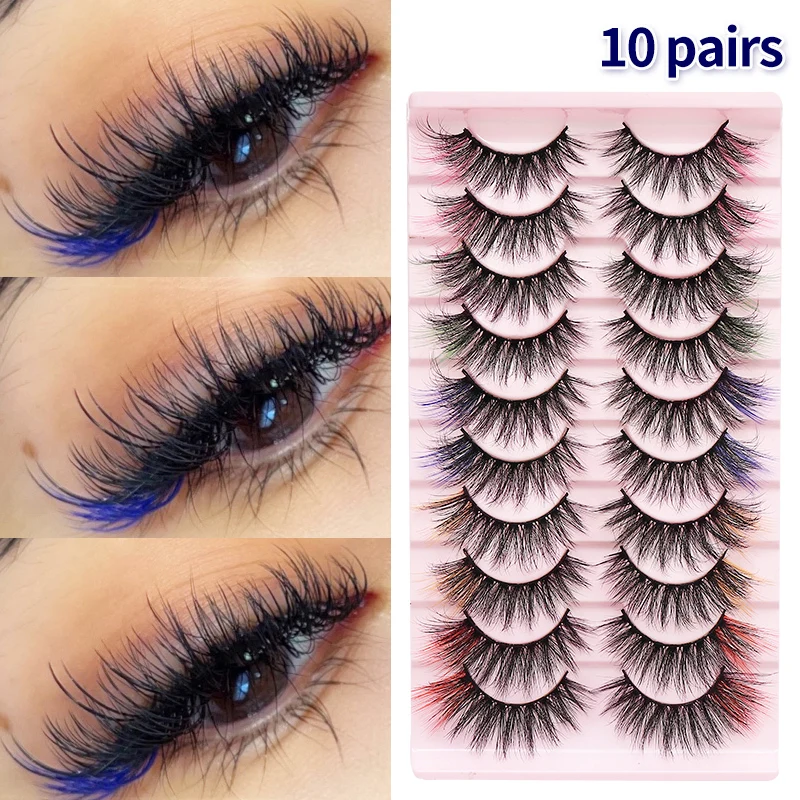 DINGSEN 10 Paar MIX Farbige DD-Curl-Wimpern für Make-up, Kunstnerz-Wimpern, Vollstreifen-Wimpern, Rot, Blau, Grün – Detail 3