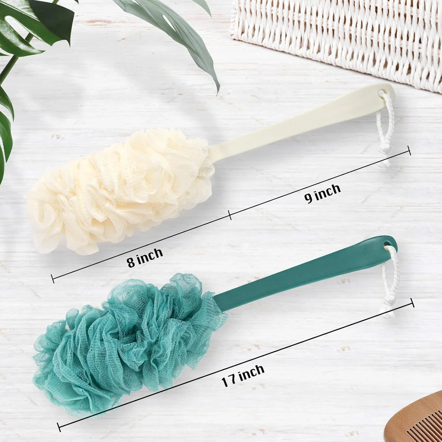 2Pack Back Scrubber for Shower， Loofah Sponge Shower Brush Using Body Exfoliating with Long Handle, Loofah on  Stick for Men W