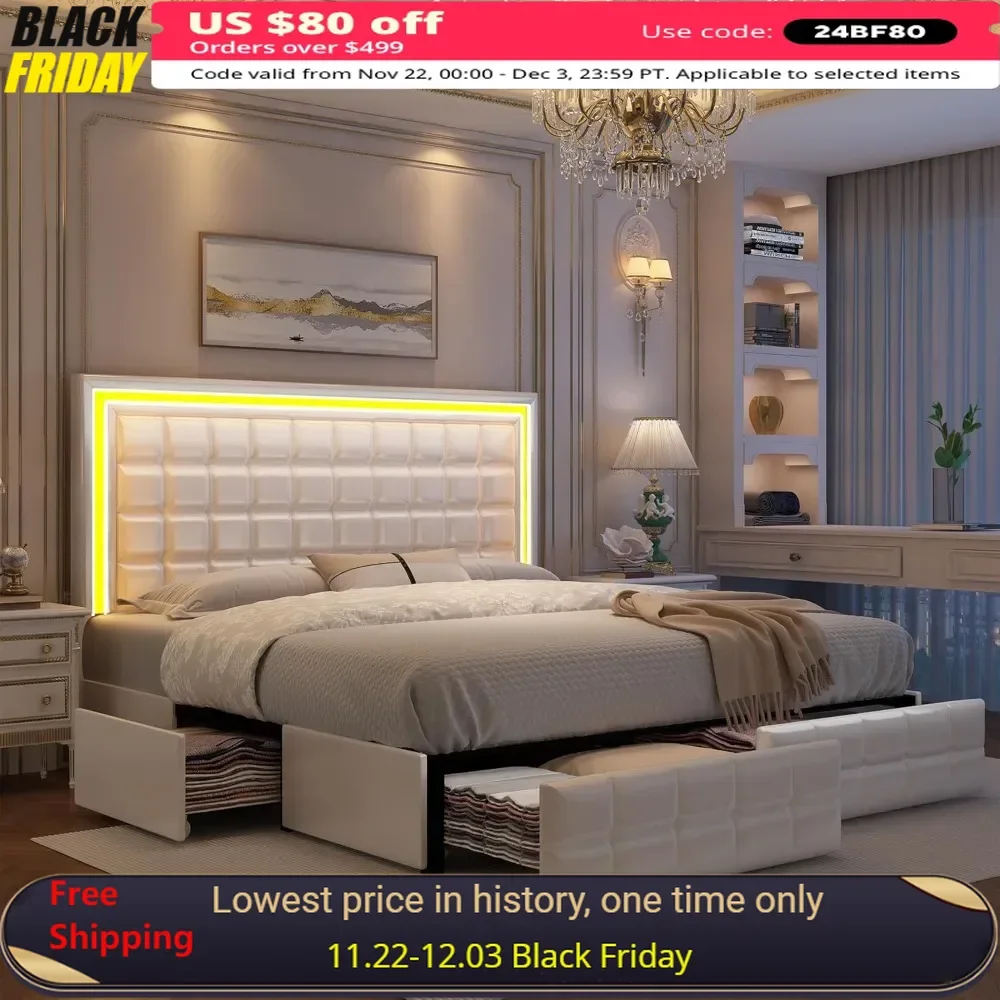 Queen Size Bed Frame with LED Lights, Storage Drawers, 900 Lbs Capacity, Easy Assembly, Sturdy Design, Bed Frame