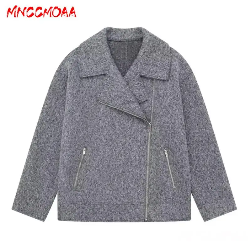 

MNCCMOAA 2024 Autumn Women Fashion Loose Zipper Jacket Coat Female Solid Color Casual Long Sleeve Pockets Outerwears