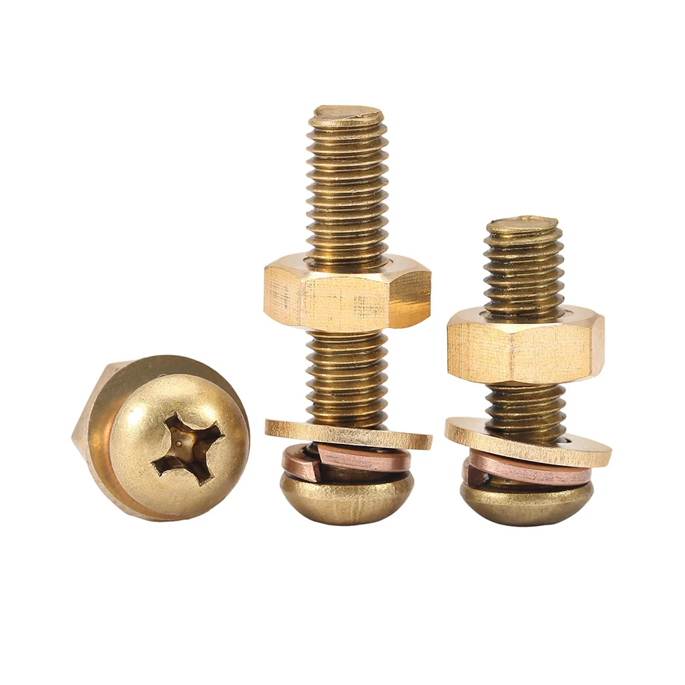 M3 M4 M5 M6 M8 Phillips Pan Head Screw Brass Cross Recessed Machine Screws With Nut Washer Combination Bolts Length 4-60mm