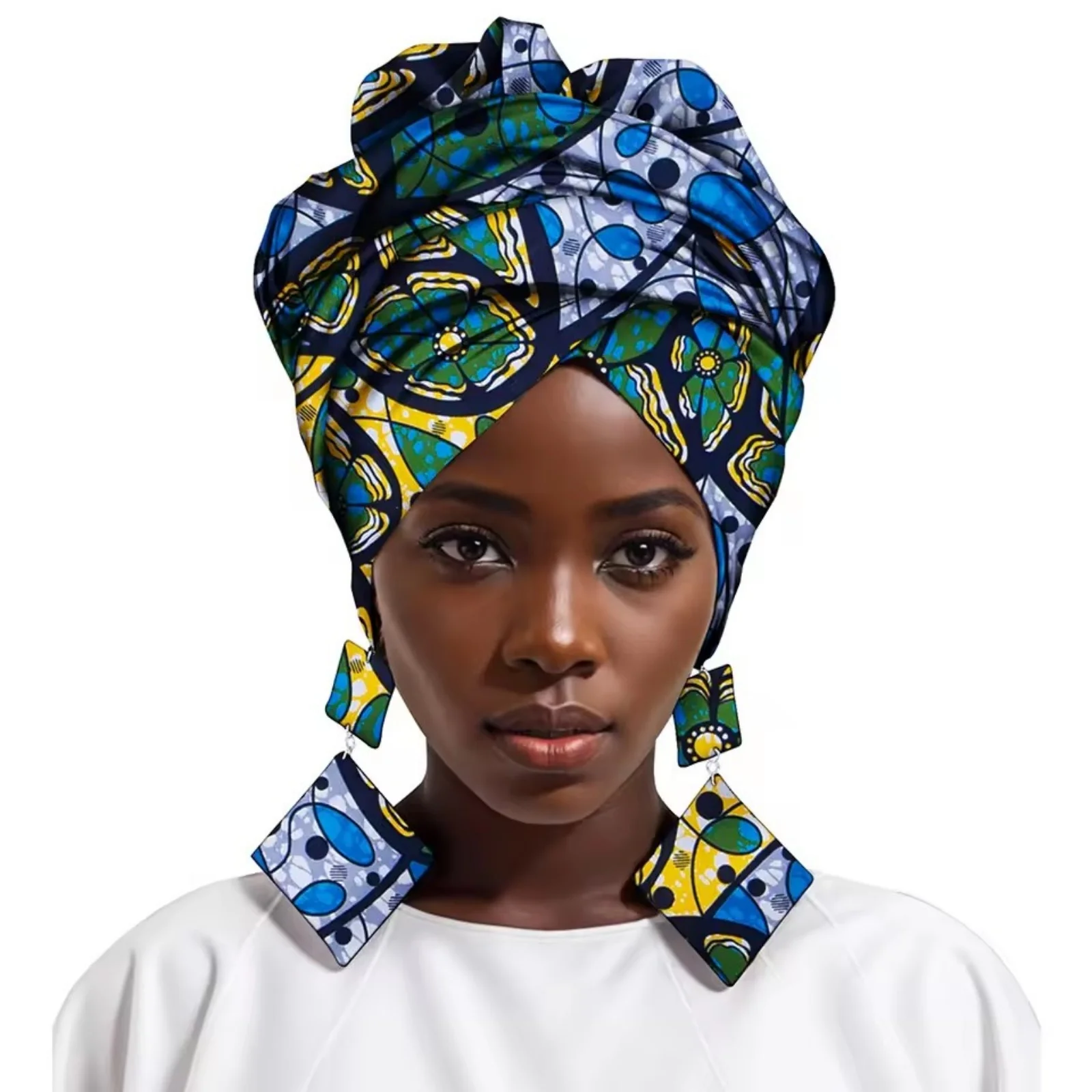 

Sale New African Print Headwrap Ankara Wax Fabric 100% Pure Cotton Headwraps Kente Scarves and Earrings 2 Pieces Set Headtie