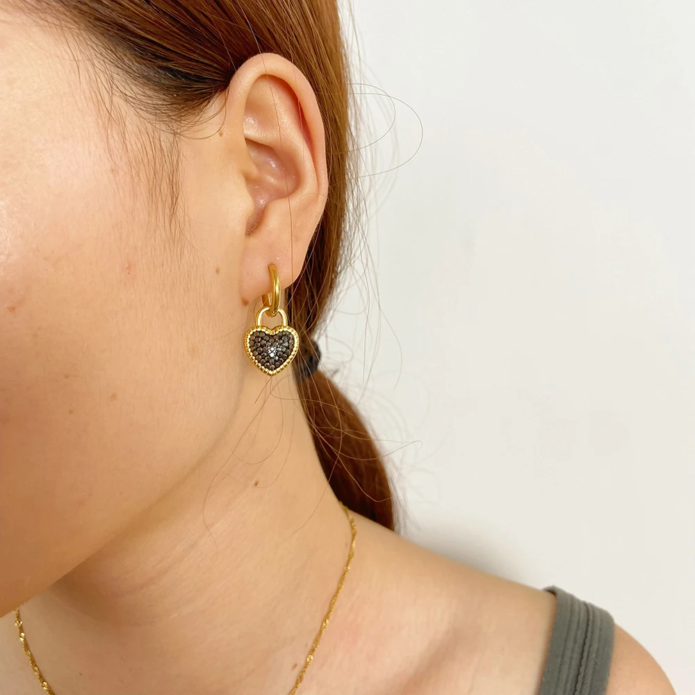 Stylish Stainless Steel 18k Gold Plated Glass Stone Paved Heart Dangle Hoop Earrings for Women Jewelry Party Gift
