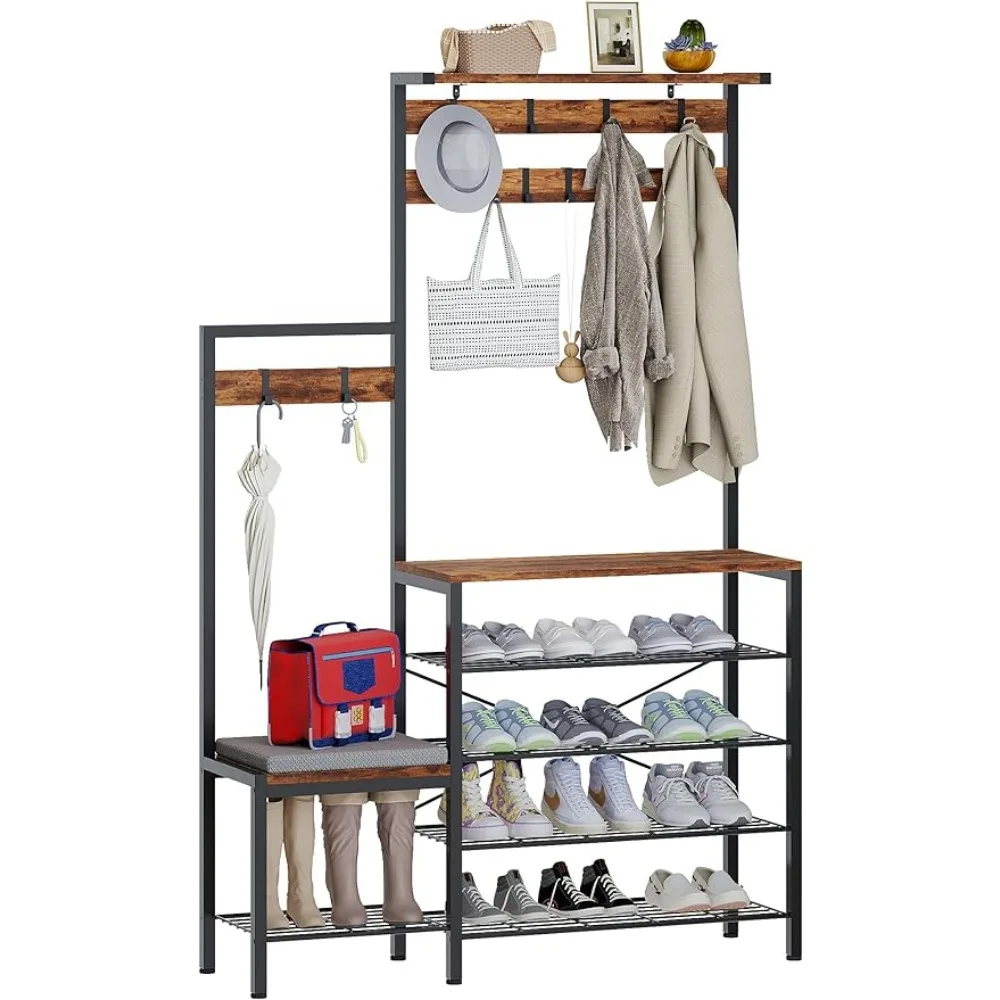 

Hall Tree With Shoe Bench Portable Clothes Hanger 4-in-1 Hall Tree With 9 Hooks and Top Shelf for Entrance Coat Rack for Bags