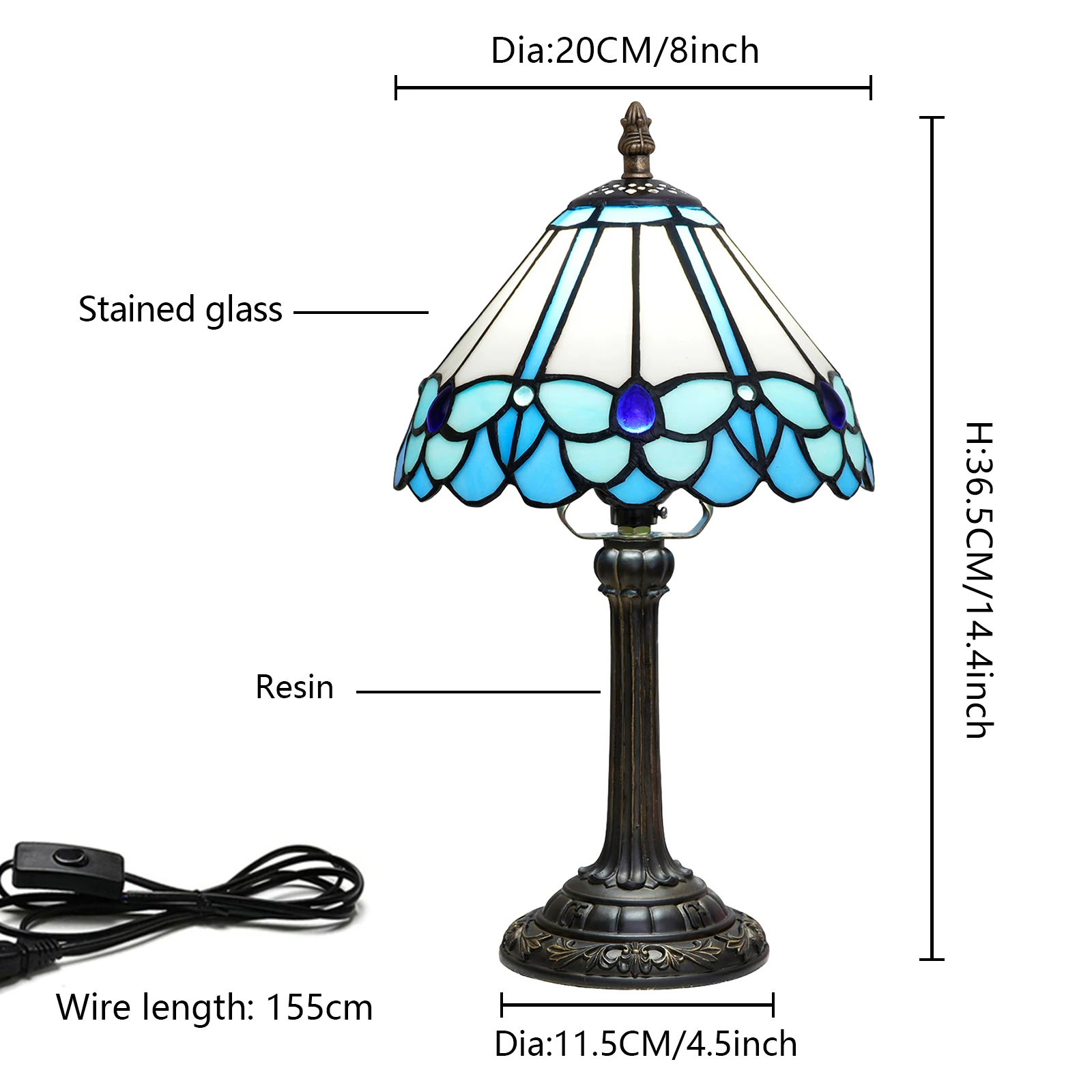 Blue Butterfly Style Stained Glass Table Lamp Night Light with 8 inch Wide Handmade Lampshade for Coffee Table Bedside Bedroom