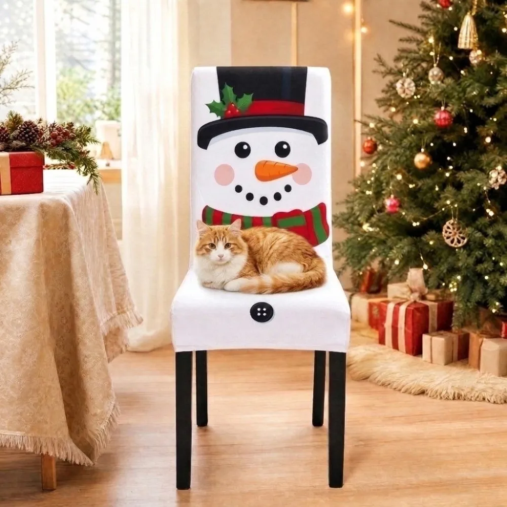Elastic Stretch Christmas Chair Cover High Back Dust-proof Snowman Dining Chair Cover Removable Elk Pattern Chair Slipcover