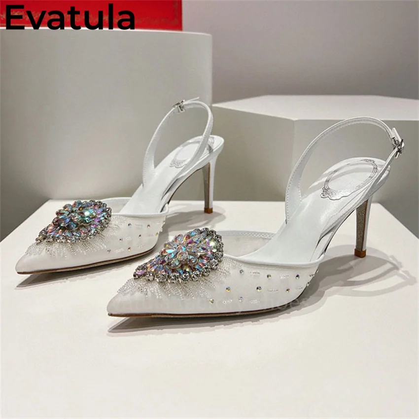 Evatula, Sandalias de tacón alto de cristal con punta puntiaguda de encaje para mujer, zapatos de tacón de 7,5 cm de altura para verano, vestido de Hada de las flores para mujer, zapatos de fiesta para mujer