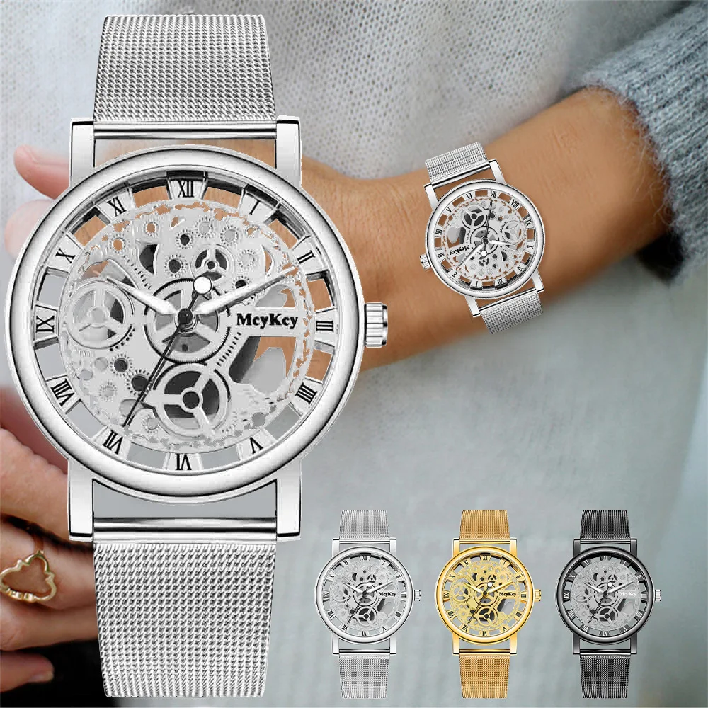 

Top New Fashion Women Hollow Skeleton Faux Mechanical Watch Ladies Metal Mesh Quartz Wrist Watches For Female Relogio Feminino