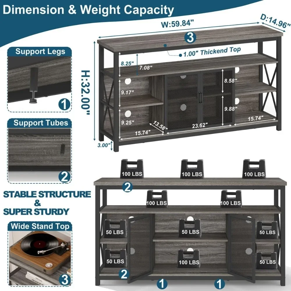 Tall TV Stand for TVs up to 65 Inch, Industrial Entertainment Center with Storage Cabinet, Rustic Wood Media Console Table