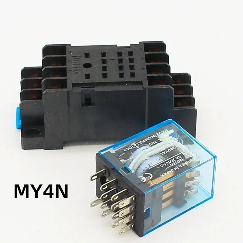1pc Power Relay MY4NJ with Din Rail Mount Socket Base 14 Pins 12V/24V 110V/220V MY4N Relay Switch