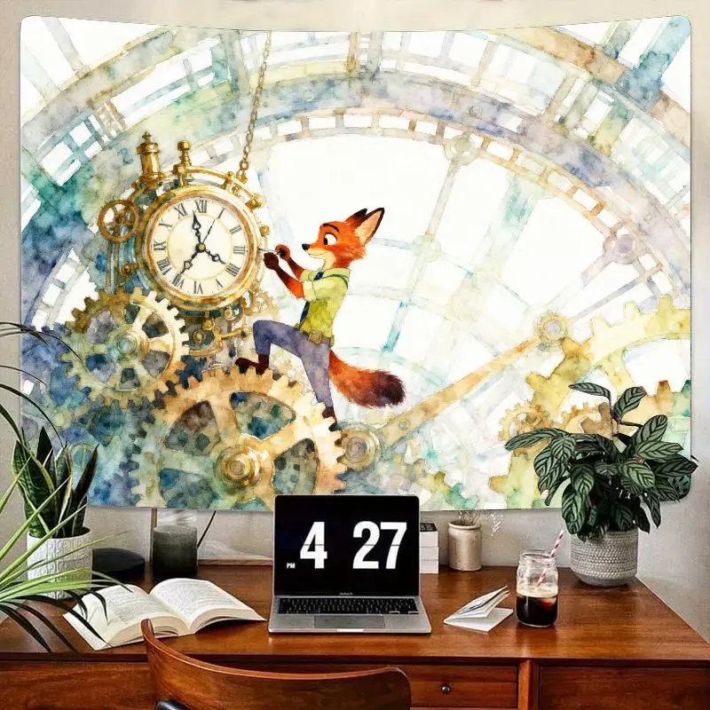 

1 шт. химерная лиса, заводные шестерни, гобелен, акварель, стимпанк, настенное искусство, современный полиэстер, домашний декор для гостиной, спальни D