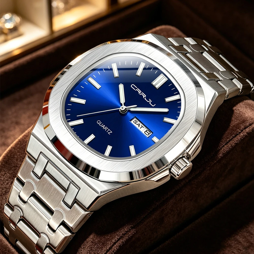 

CRRJU Men's Quartz Watch Authentic Fashion Stainless Steel Minimalist Unique Design Luminous Hands Date Calendar Business Casual