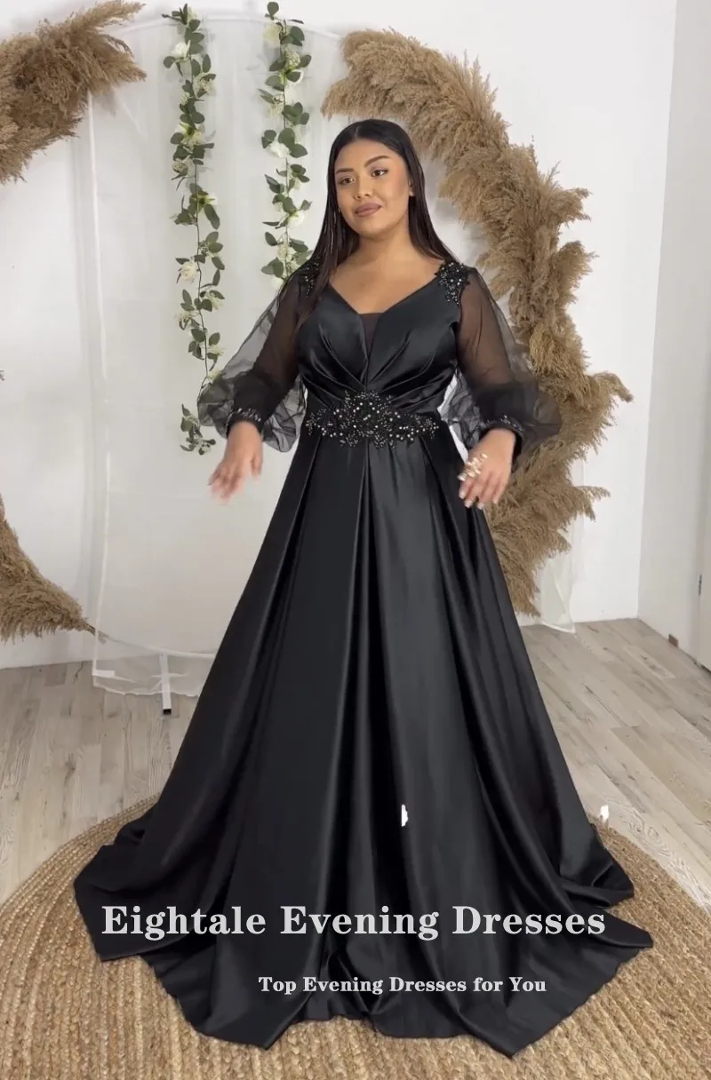 Eightale Plus Size Evening Dresses Black V-Neck Appliques Formal Satin Beaded Pleats Celebrity Prom Party Gowns for Wedding