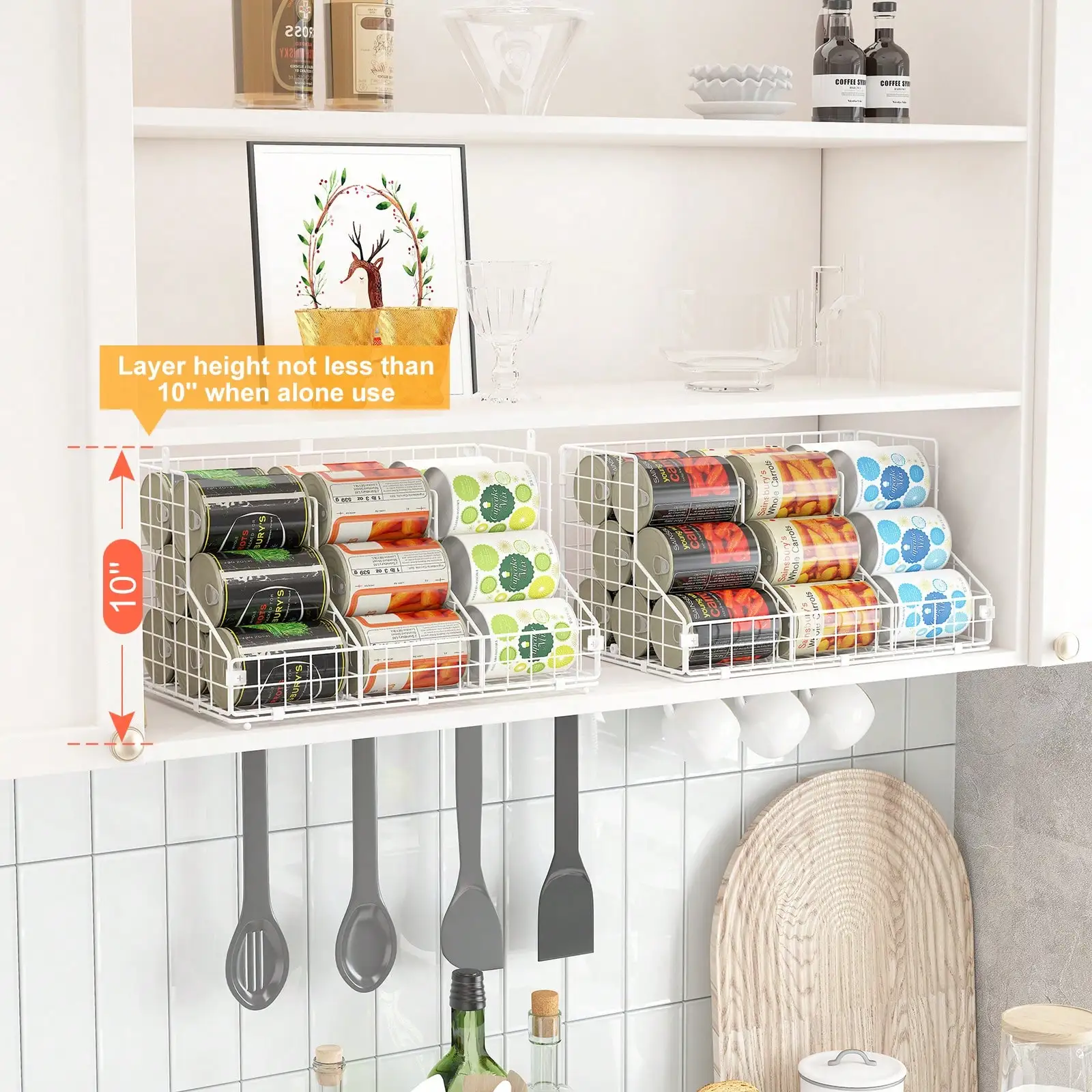 

2 Pack Stackable Can Rack Organizer For Pantry Storage,Can Dispensers With 4 Adjustable Dividers, 2-Tier Metal Wire Basket Beverage Pop Soda Rack For Kitchen Cabinet Pantry, White
