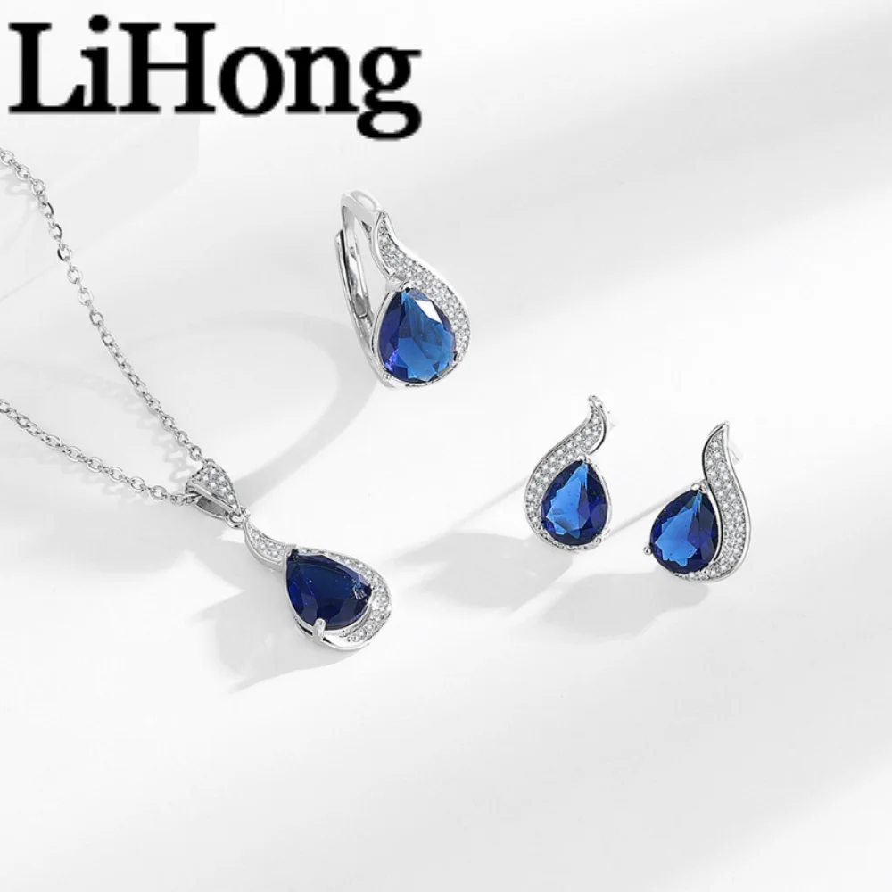 Women's 925 Sterling Silver Set Jewelry Inlaid Simulated Sapphire Elegant Simple Necklace Earrings Ring Set Party Jewelry