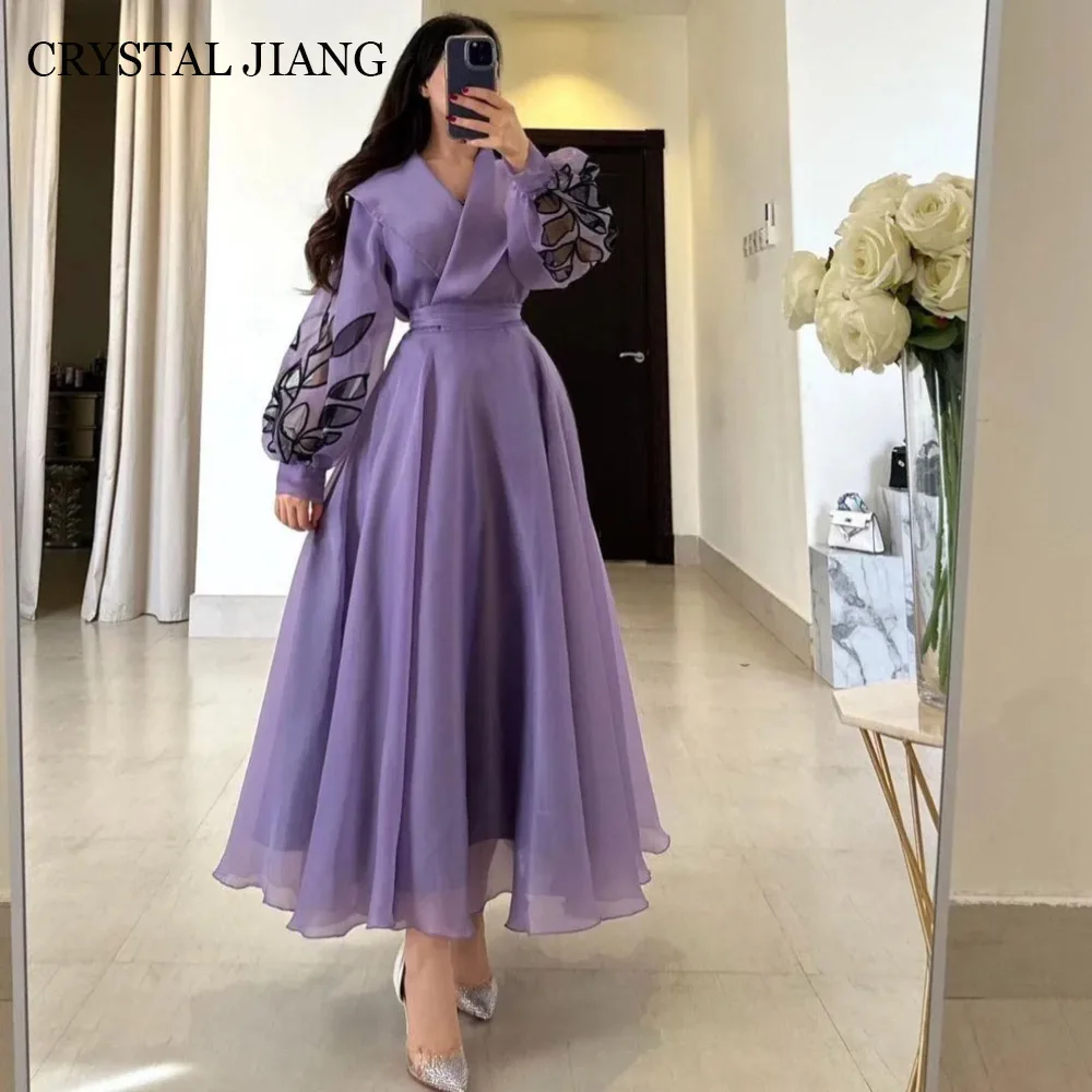 

Classy Long Purple V Neck Tulle Evening Dresses Full Sleeves A Line Tea Length فساتين سهره سعوديه 2024