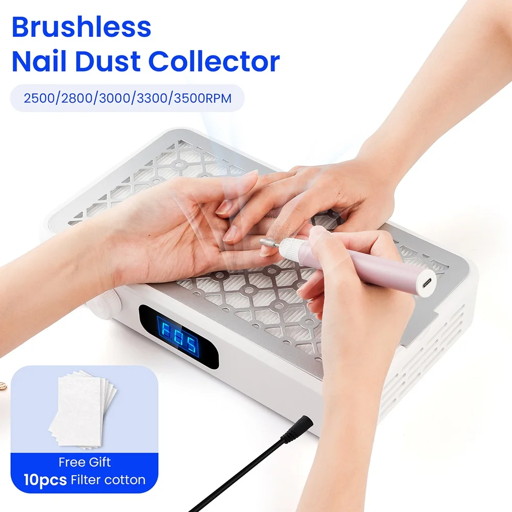 

Powerful Nail Dust Extractor 2500/2800/3000/3300/3500rpm Speed Adjustable Brushless Twin Turbo Vacuum Nail Dust Collector