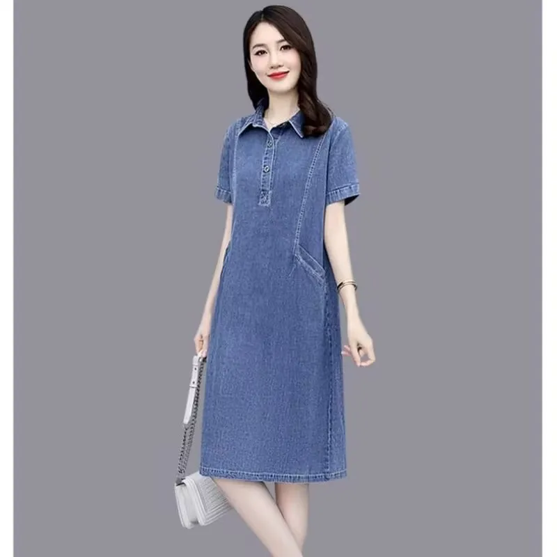

Синее платье, Новинка лета 2022, корейская мода, свободное стройнящее джинсовое платье-рубашка с коротким рукавом, женское платье-рубашка с воротником-поло и карманами, элегантное женское платье