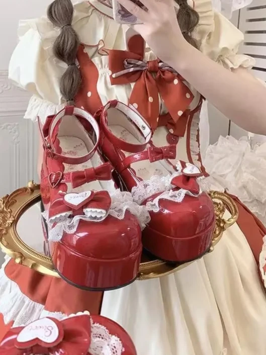 

Lolita Mary Jane Shoes Sweet Cute Bow Doll Feeling Platform Muffin Shoes for Women Japanese Kawaii Girl Round Head Pu Shoes
