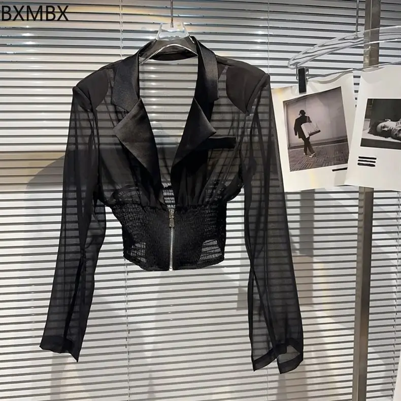 The same 2025 spring new Xiaoxiangfeng slim elastic waist mesh yarn slightly transparent sunscreen suit short jacket