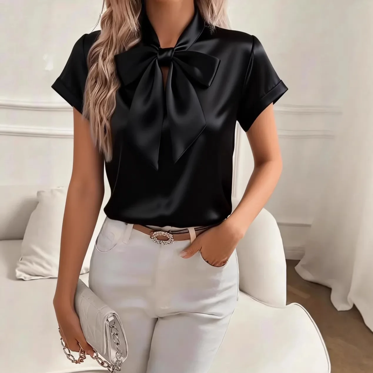 Women Neck Bow Decor Stand Collar Short Sleeve Top Cuffed Sleeve Versatile Daily Blouses