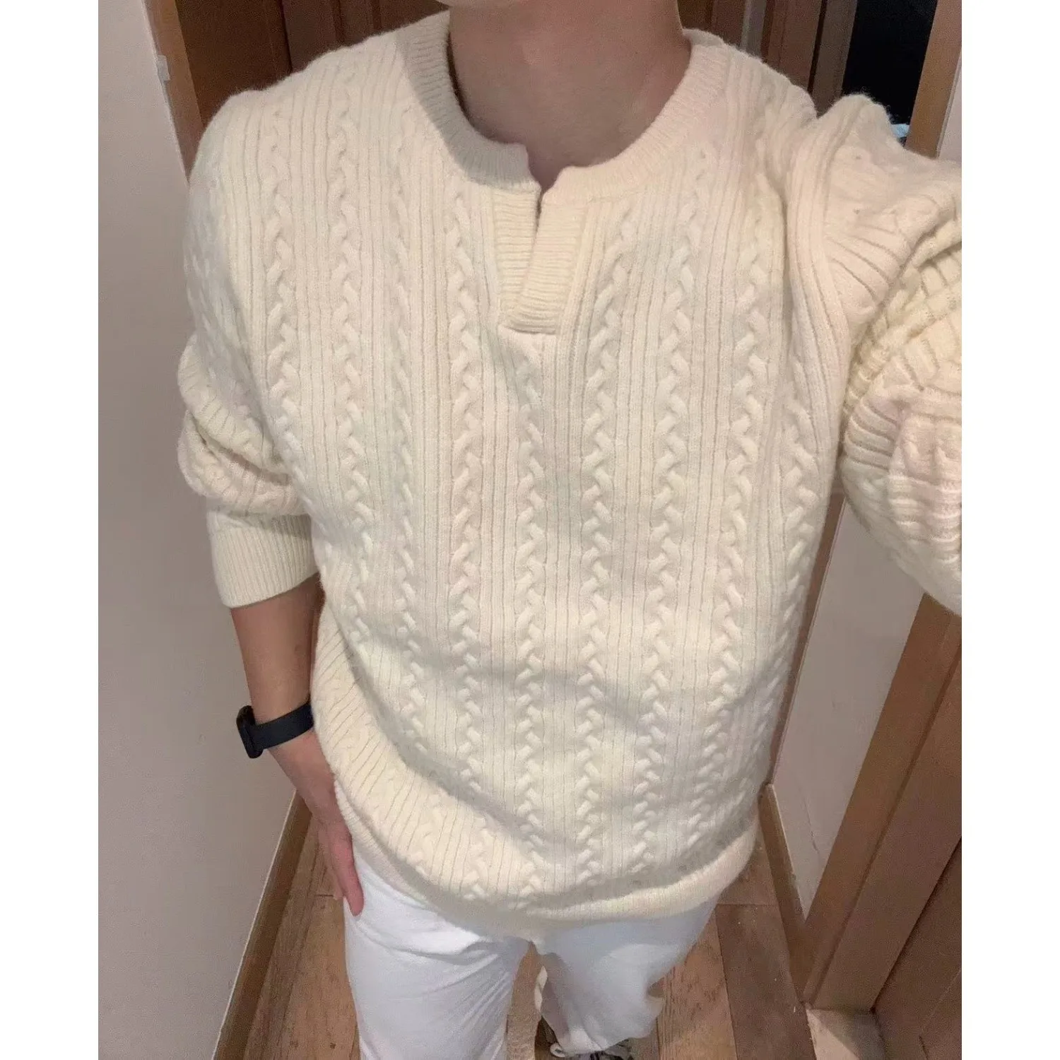 

Мужской свитер массивной вязки в американском стиле, ленивый высококачественный воротник Генри с воротником выше 250, витой дизайн, удобная посадка